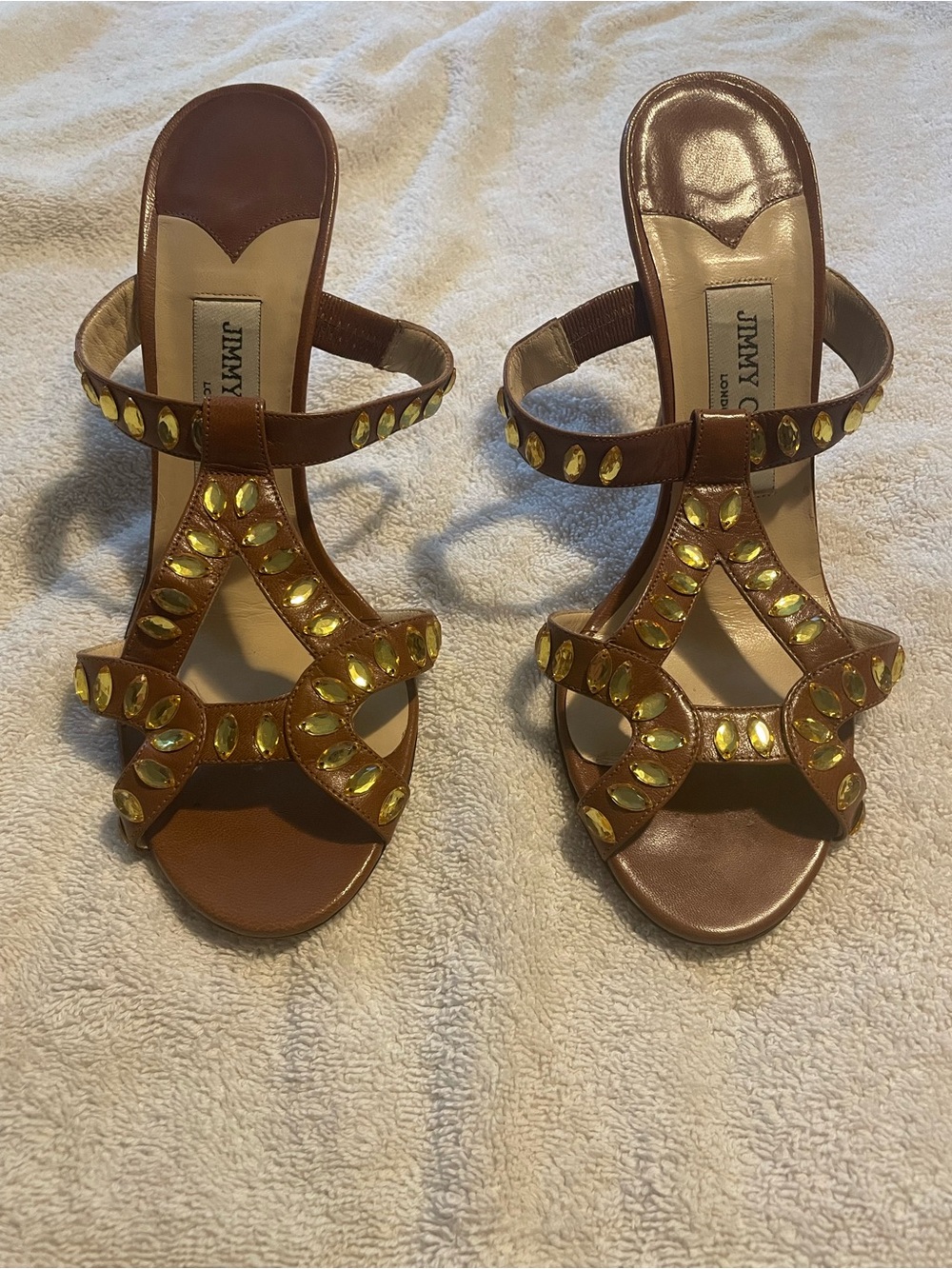Jimmy Choo Brown Leather Sandals with Gold Gem Accents